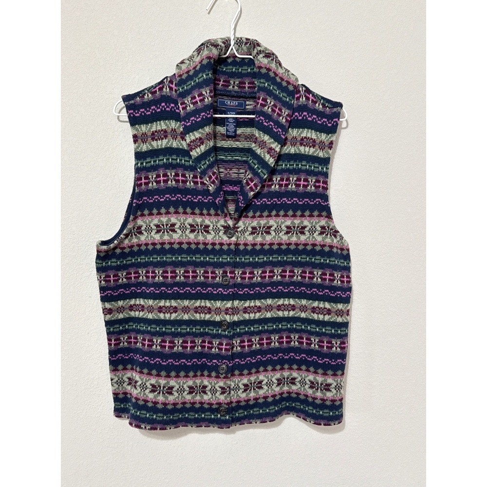 Chaps Sweater Vest Womens XL Blue Pink Fair Isle Shawl Collar Button Front Knit